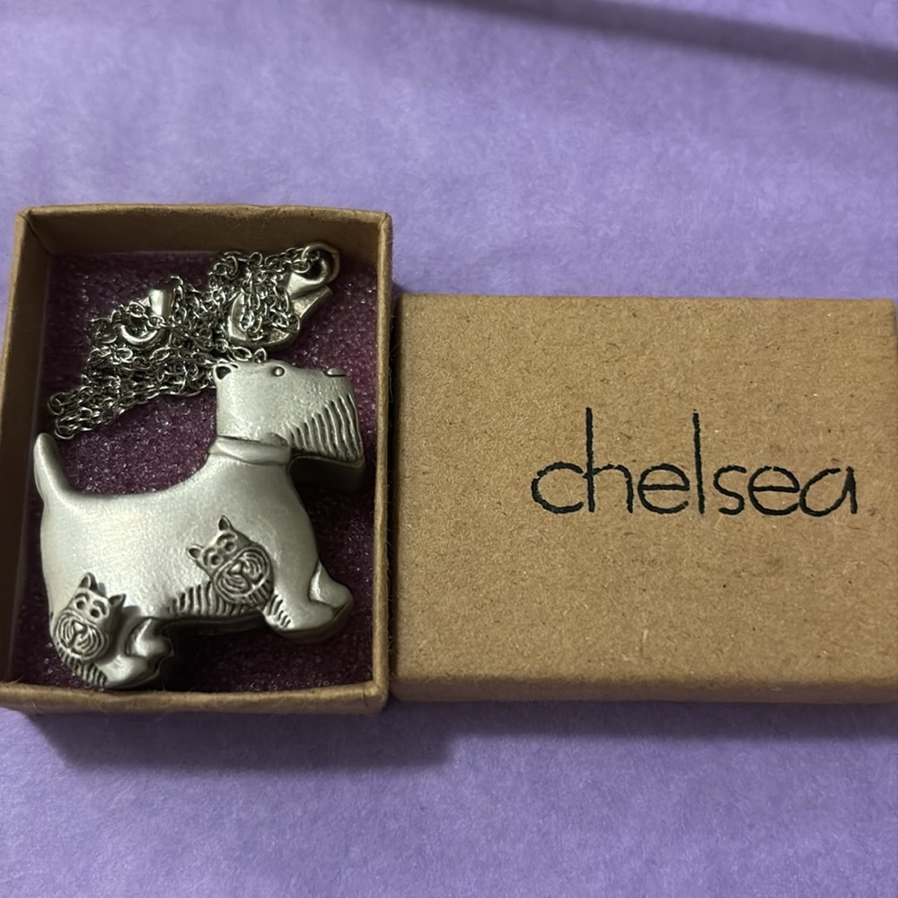 Chelsea Pewter Scotty dog with earrings, brooch, necklace, and jewellery box